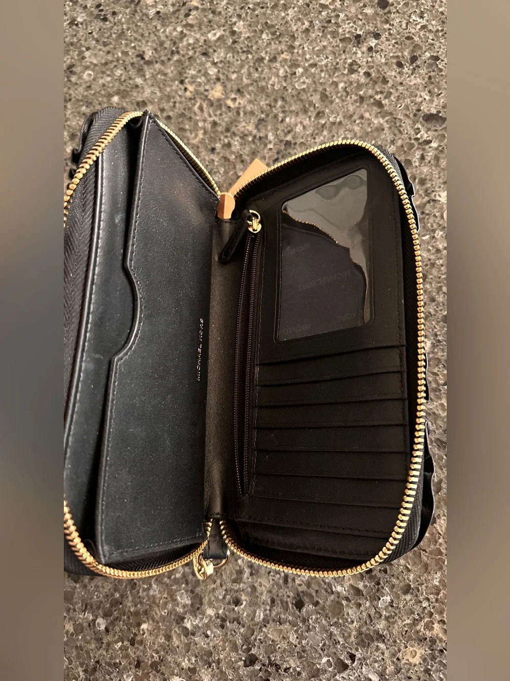 Michael Kors Black Leather Ruffle Wristlet Wallet with Gold Hardware